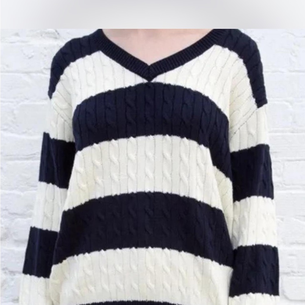 Brandy Melville Navy and Cream V-Neck Nikki Sweater
